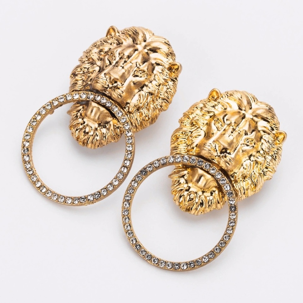 Lion Head Door Knocker Rhinestone Gold Earrings - Picture 1 of 8